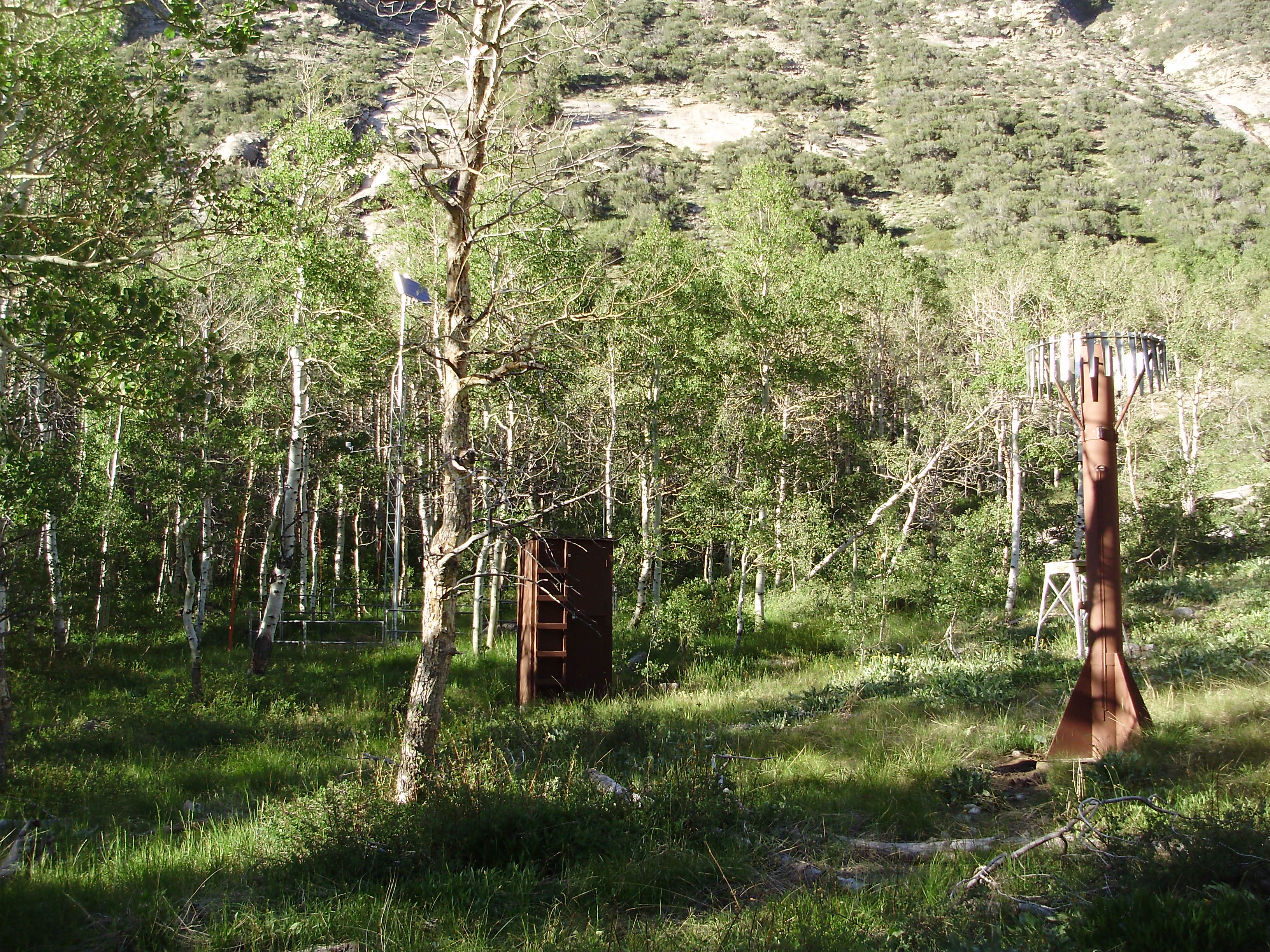 A SNOTEL snow telemetry station with snow pillow, precipitation gauge, and telemetry mast in a mountain meadow