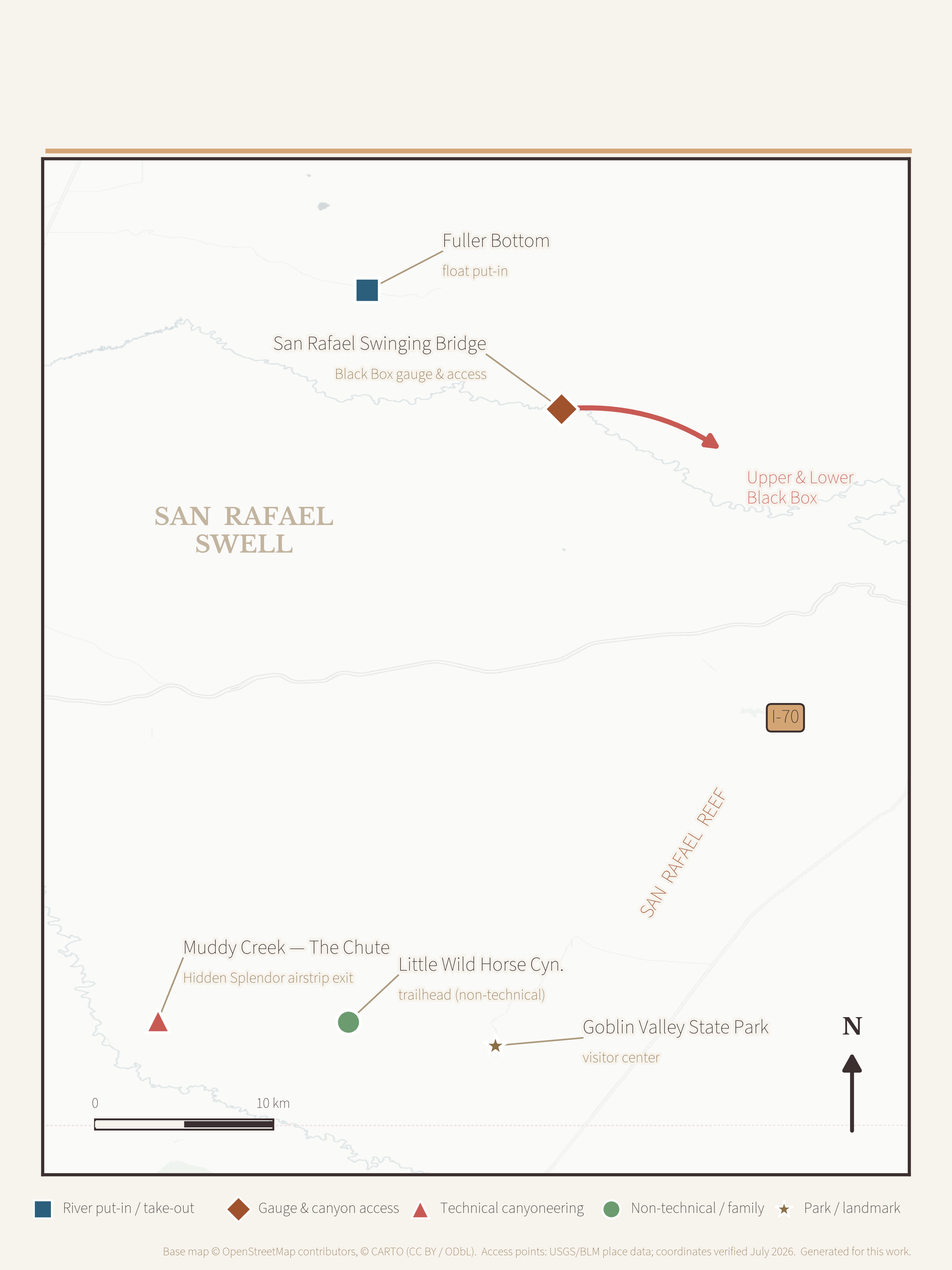 Access map of the central and southern San Rafael Swell showing the San Rafael Swinging Bridge (Black Box gauge and float take-out), Fuller Bottom float put-in, the Upper and Lower Black Box reach downstream of the bridge, Muddy Creek's Hidden Splendor airstrip exit, the Little Wild Horse Canyon trailhead, Goblin Valley State Park, the San Rafael Reef, and Interstate 70