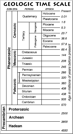Geologic time scale showing eons, eras, periods, and epochs